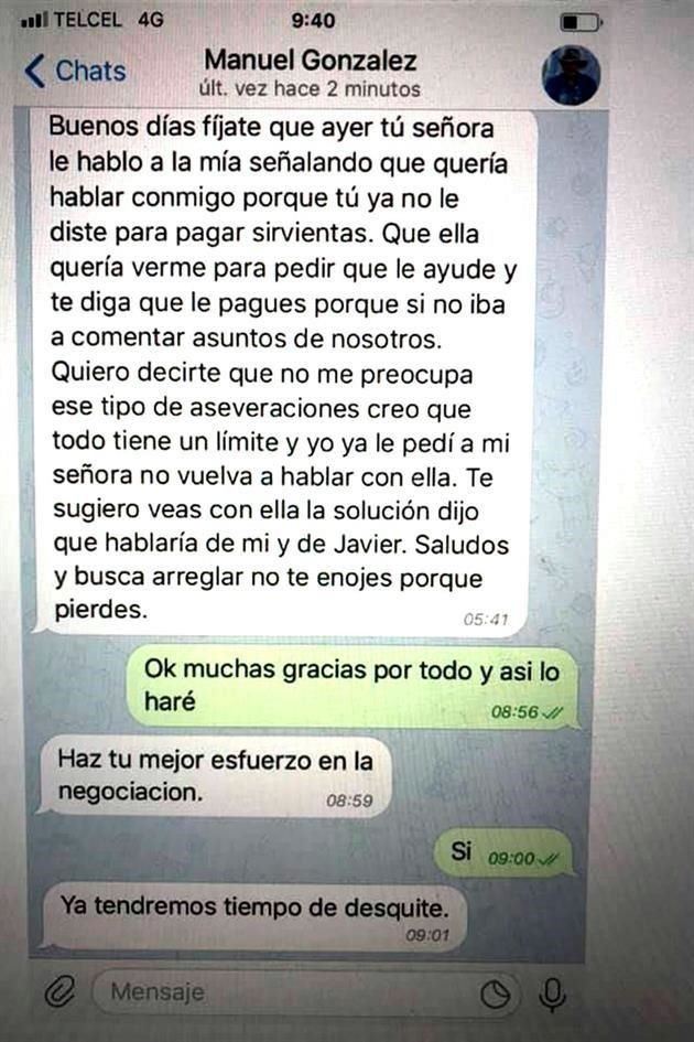 Michelle publicó en su facebook el extracto de una supuesta conversación entre Manuel González y su ex esposo Miguel García por WhatsApp, donde aparentemente González amenaza a Karren.