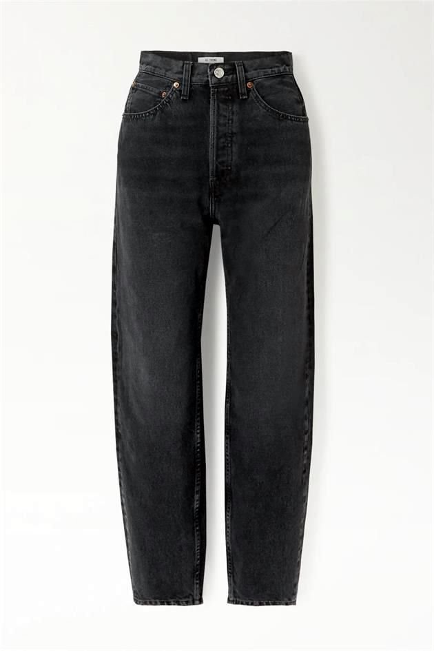 RE/DONE + Pixie Levinson Distressed High-Rise Tapered Jeans