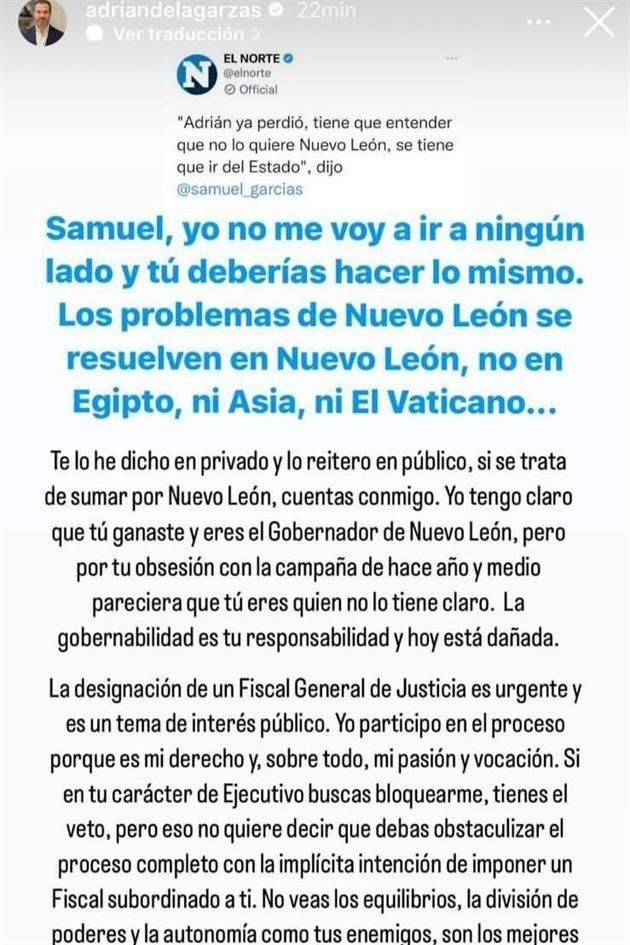 En un mensaje en sus redes sociales, Adrián de la Garza criticó las posturas de Samuel García.