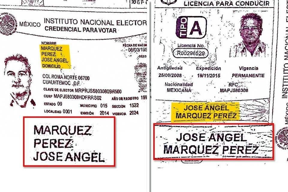 Yarrington portaba una credencial del INE a nombre de José Ángel Márquez Pérez, y una licencia de manejo expedida por el Gobierno de la CDMX, también a nombre de su alias.