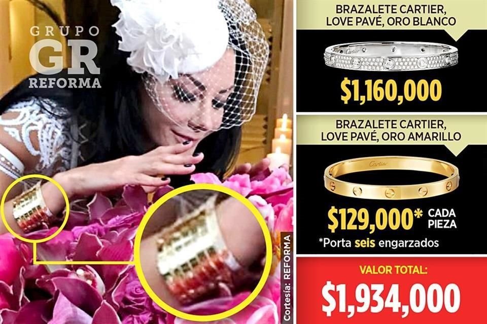 Paulina, hija de Carlos Romero Deschamps, lució en su boda civil siete brazaletes Cartier con un valor total de 1 millón 934 mil pesos.