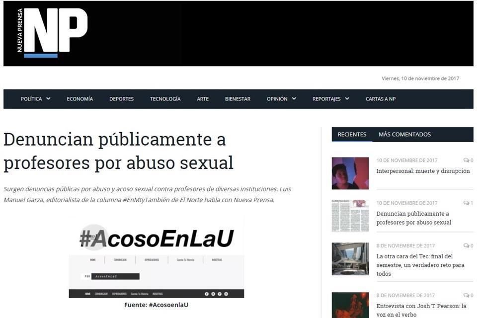 En el peridico estudiantil del Tec, Nueva Prensa, denunciaron a profesores por abuso sexual.