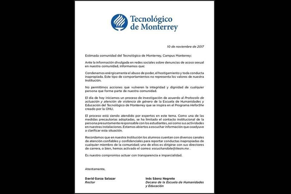 El Tec de Monterrey anunci en un comunicado que inici una investigacin por las denuncias de acoso de maestros a alumnas dentro de la institucin.