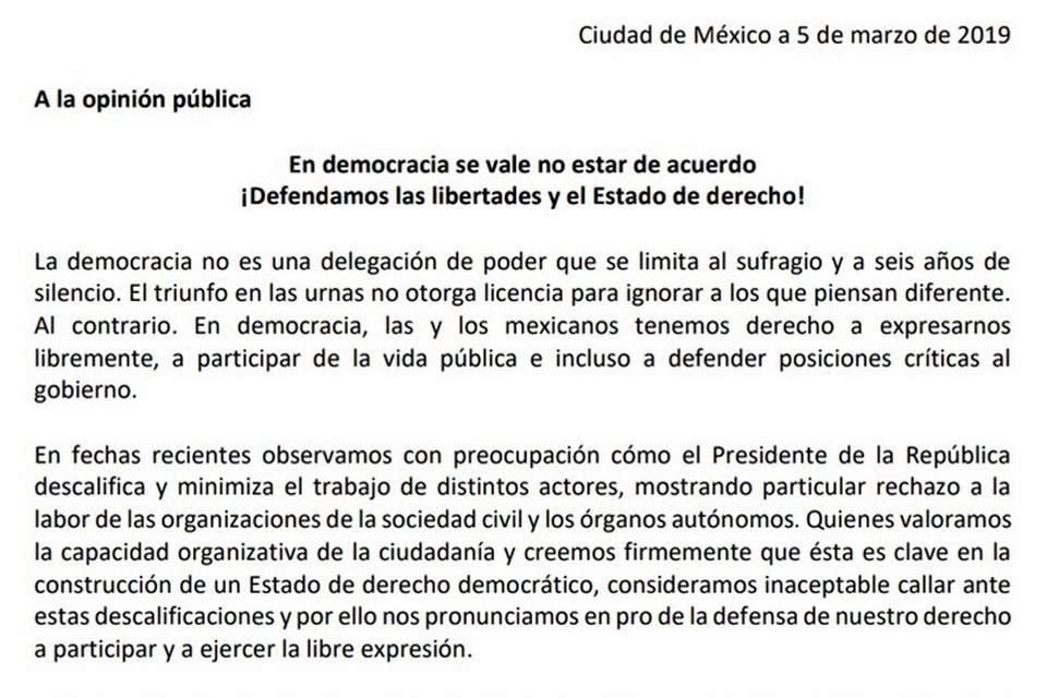En una carta, organizaciones y personalidades sealaron al Presidente Lpez Obrador que el triunfo en las urnas no otorga licencia para ignorar ni descalificar a quienes piensan diferente.