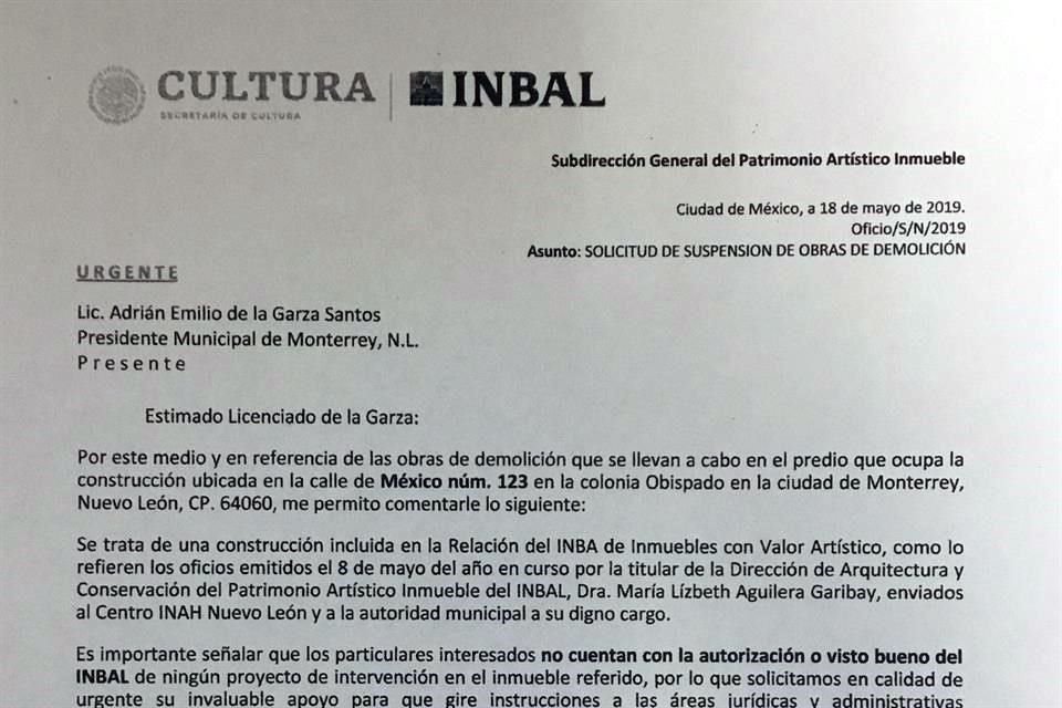 INBAL pide al Alcalde de Monterrey suspender demolición de la casona de la Calle México, en Colonia Obispado, pero municipio ignora oficio.