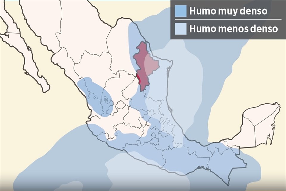 De acuerdo con un mapa satelital de US Navy, el humo (color azul) de incendios forestales y quemas agrícolas en el sur y centro del País avanzaba hacia el norte, cubriendo todo Nuevo León.