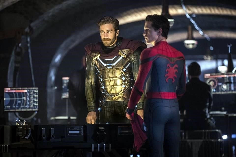 Jake Gyllenhaal, left, and Tom Holland in a scene from 'Spider-Man: Far From Home.'