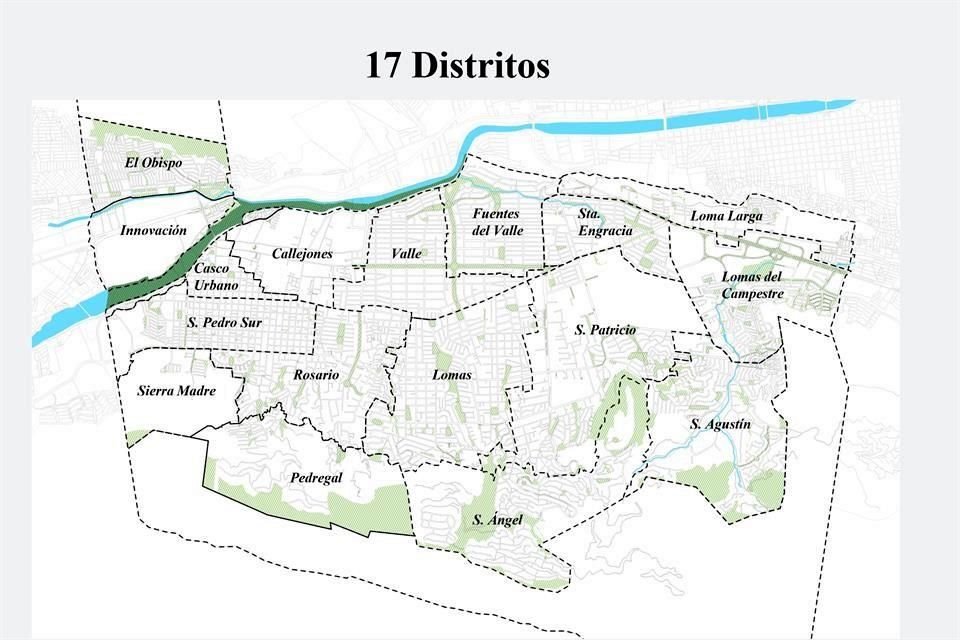 Esta es la división del Municipio que propone la Secretaría de Ordenamiento y Desarrollo Urbano de San Pedro. En el 2014 se había dividido en 10 distritos, pero para el 2019 la cifra aumentó a 17.