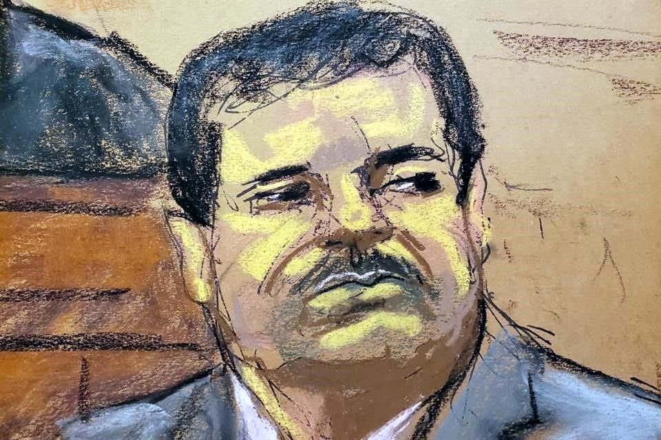 Joaquín Guzmán, en un dibujo hecho en la corte al escuchar su sentencia.
