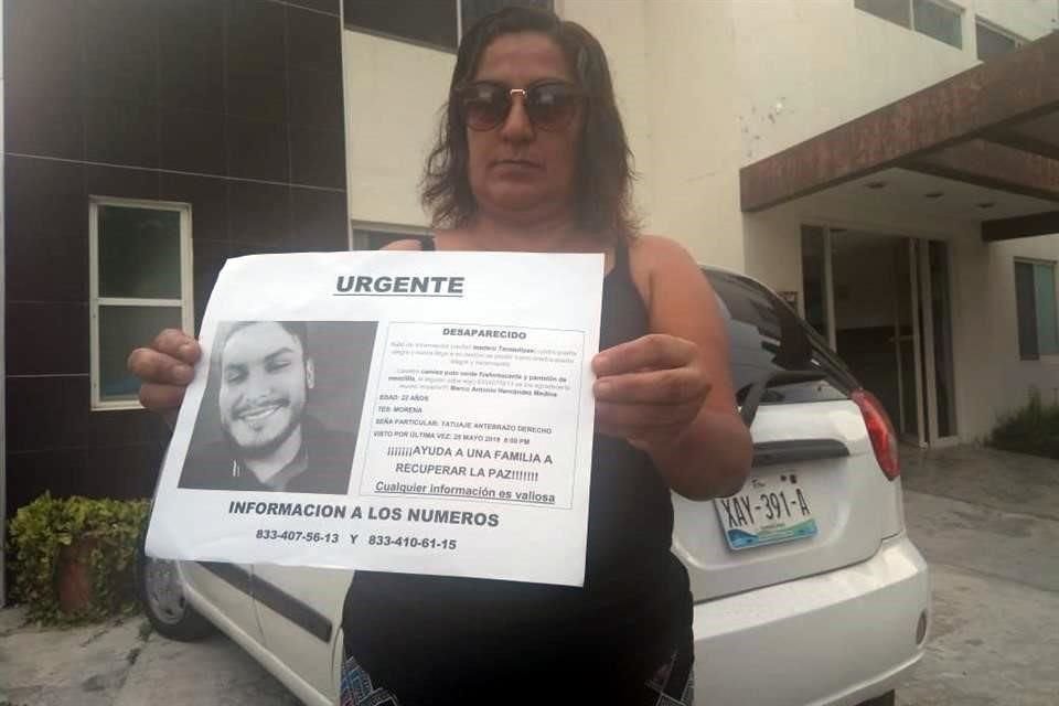 Lourdes Medina denunció en Ciudad Madero que su hijo se encuentra desaparecido desde el 25 mayo del presente año.