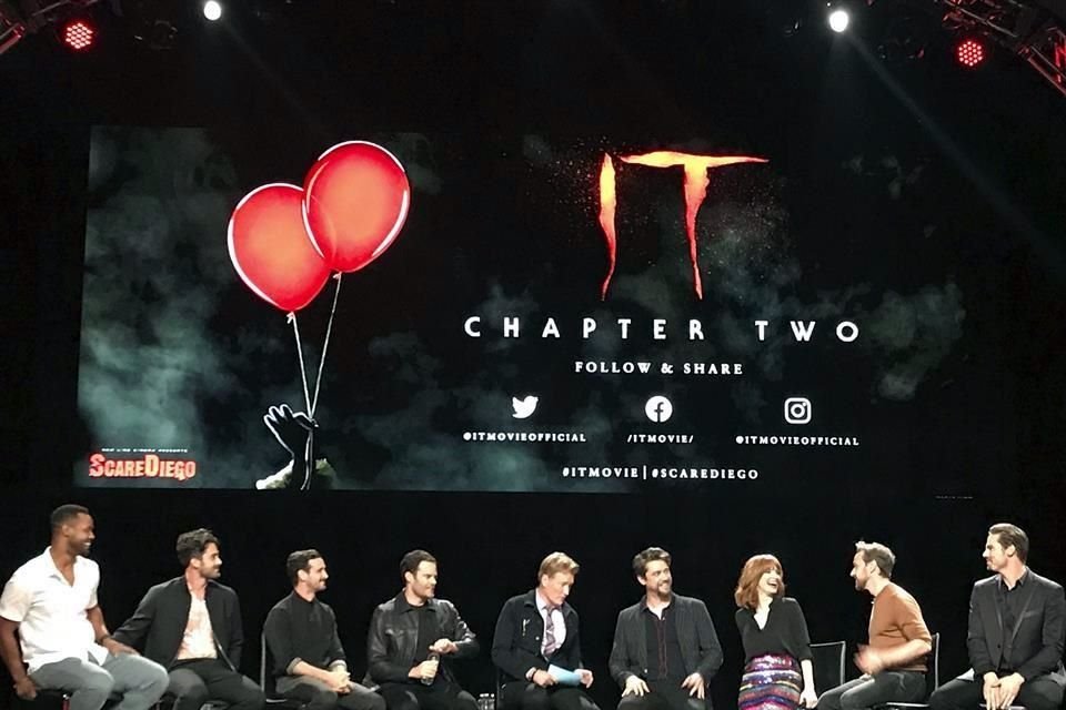 Casts of 'It: Chapter Two' sit at a Comic-Con event Wednesday night, July 17, 2019 at the Spreckels Theater in San Diego, Calif. A theater of fans got a sneak peek at the latest promo for the horror.