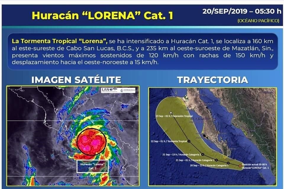 La tormenta tropical 'Lorena' se intensificó la madrugada de este viernes a huracán categoría 1 frente a las costas de Baja California Sur.