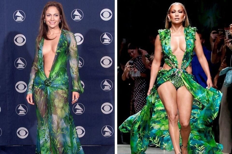 A la izquierda, el diseño que Lopez usó en los Grammy 2000, y a la derecha, el que portó en una pasarela para Versace.