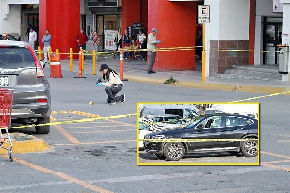 Dos casquillos quedaron en el estacionamiento de Plaza Fiesta San Agustín, donde una camioneta BMW X4, que estaba estacionada, resultó dañada por una bala.