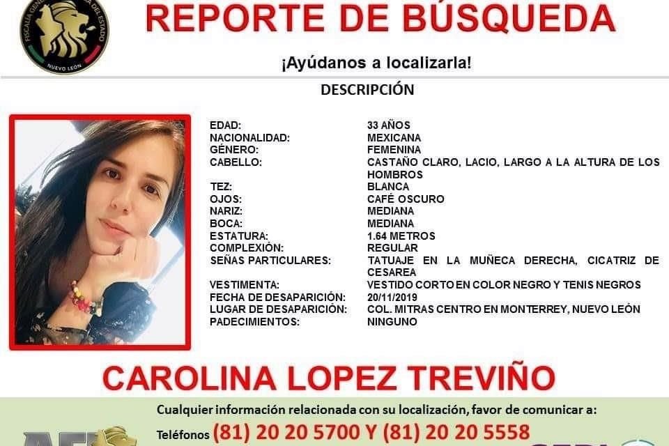 La Fiscalía Estatal emitió una reporte de búsqueda por Carolina López Treviño, de 33 años.