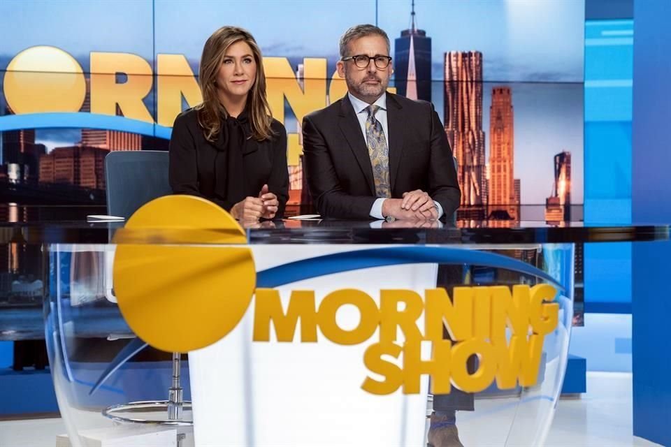 This image released by Apple TV Plus shows Jennifer Aniston, left, and Steve Carell in a scene from 'The Morning Show.' On Monday, Dec. 9, 2019, the show was nominated for a Golden Globe for best.