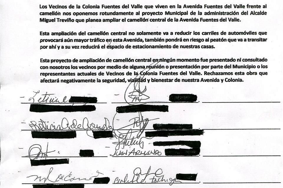 Los vecinos de la Avenida Fuentes del Valle expresaron su rechazo al camellón en esta carta.