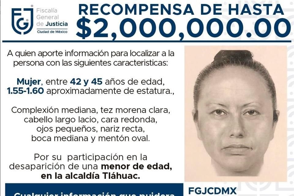 Junto con un mensaje en el que se ofrecen 2 mdp por información, comenzó a difundirse un retrato hablado de la mujer que sustrajo a Fátima.