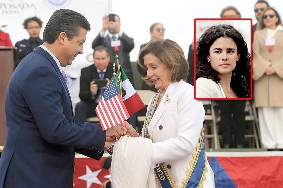 Al faltar Luisa María Alcalde, Secretaria de Trabajo (recuadro), el Gobernador  de Tamaulipas encabezó 'El Abrazo' con Pelosi, líder del Congreso de EU.