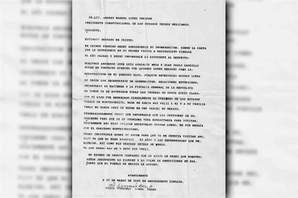 Esta es la carta que Consuelo Loera, madre del Chapo Guzmán, envió al Presidente López Obrador.