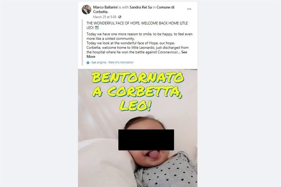 Un bebé italiano de 50 días de nacido se recuperó tras permanecer internado por Covid-19, informó el alcalde de Corbetta, Marco Ballarini.
