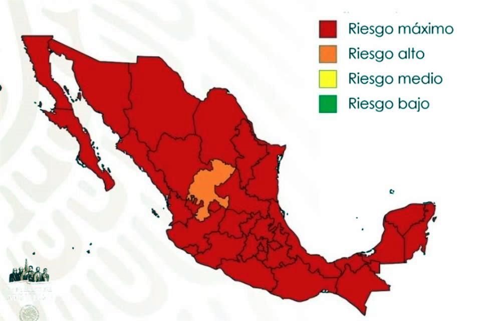 Zacatecas es la única entidad que se ubica en semáforo naranja, es decir, con riesgo alto de contagio, el resto de los estados se ubican en rojo, de máximo riesgo.