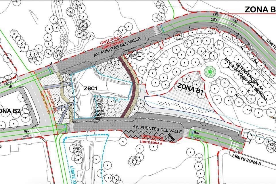 En el mapa se observa la intención de dejar dos carriles para automóviles, señalados en verde, eliminando el que existe para estacionar los autos frente a las residencias, señalado con líneas rojas.