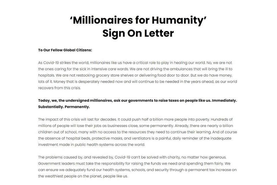 'Millonarios por la humanidad' es un grupo de 83 millonarios de siete países que pide pagar más impuestos para fortalecer el sistema de salud, las escuelas y la seguridad de sus naciones.