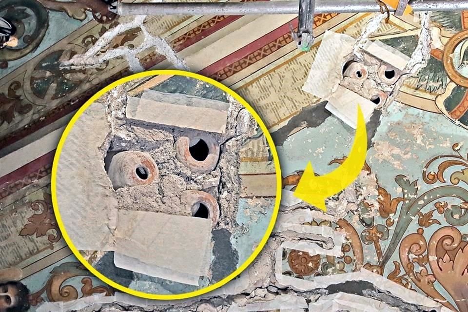 En la bóveda del coro del Templo de Dolores se encontraron vestigios de una antigua técnica de construcción con base en ollas de barro (círculo).