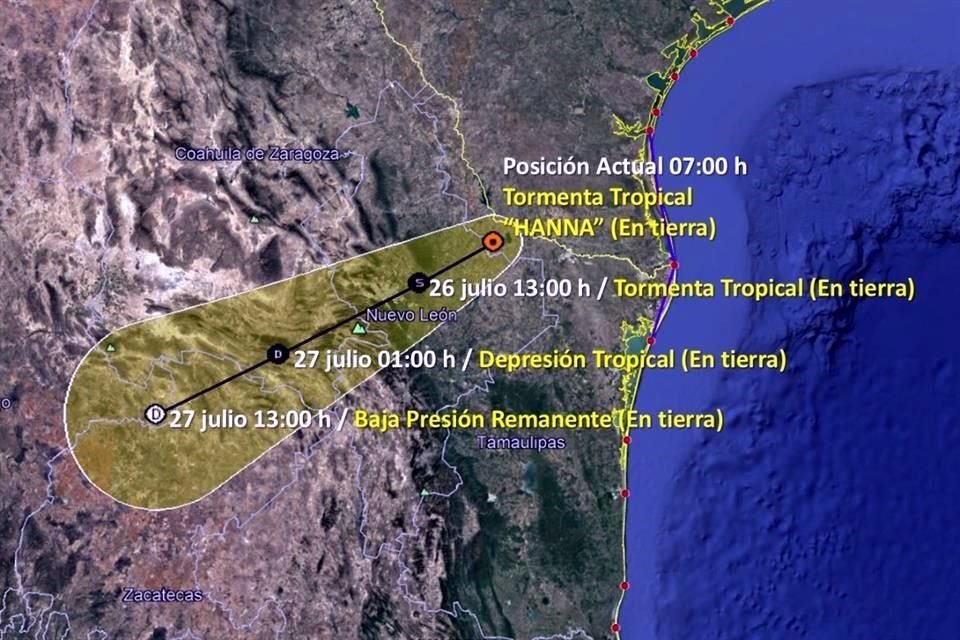 La Comisión Nacional del Agua (Conagua) emitió un reporte que ubicaba a las 7:00 horas a la tormenta a 30 kilómetros de Camargo, Tamaulipas, y a 175 kilómetros de Monterrey.
