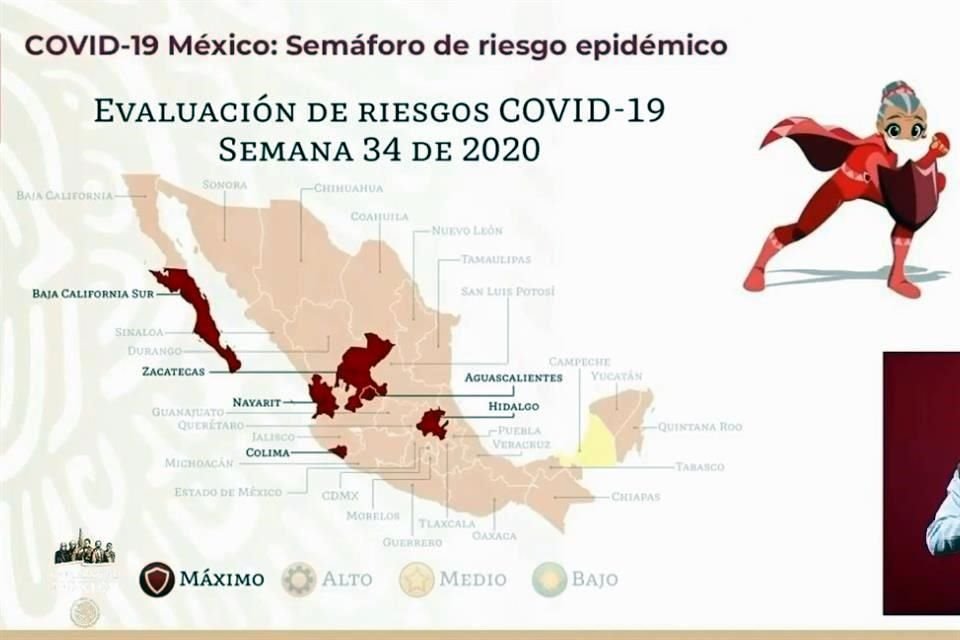Los estados en semáforo rojo son Baja California Sur, Zacatecas, Aguascalientes, Nayarit, Hidalgo y Colima.
