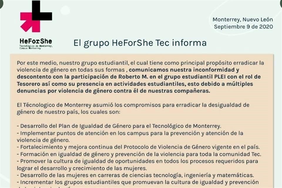 En otra carta, la agrupacin Feministas Tec de Monterrey exigi que la institucin atendiera a las alumnas agredidas por Roberto, estudiante de Ingeniera.