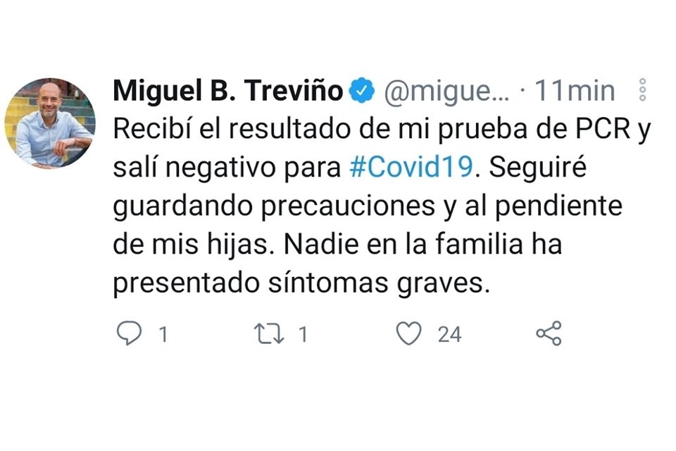 Miguel Treviño anunció que dio negativo a la prueba de Covid-19.