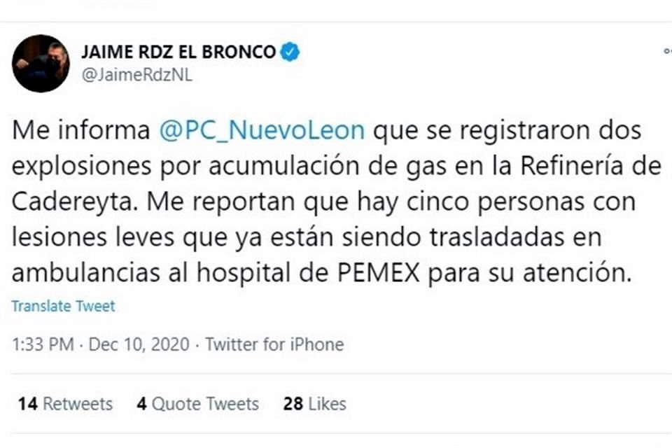 Confirma el Gobernador Jaime Rodríguez dos explosiones en Refinería en Cadereyta.