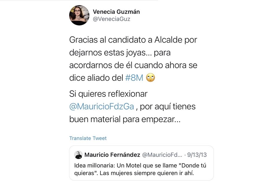 Venecia Guzmán, regidora independiente de San Pedro, publicó los supuestos tuits de Mauricio Fernández.