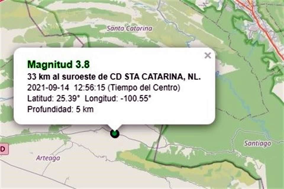 El sismo fue localizado 33 kilómetros al suroeste del Municipio de Santa Catarina, a las 12:56 horas.