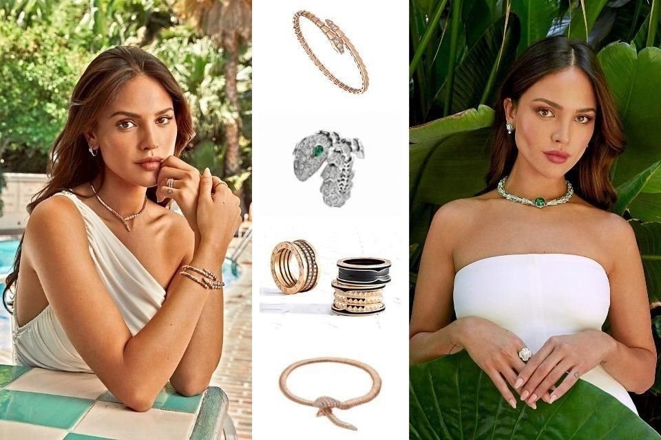 En la Met de Nueva York, Eiza González lució piezas icónicas de Alta Joyería Serpenti. Llevó a juego un brazalete, anillo y aretes en oro amarillo y blanco con diamantes, rubíes y zafiros.