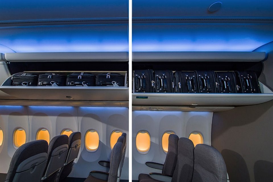 En los aviones de Boeing con Space Bins (der.) se pueden transportar un 50% más de maletas acomodadas de lado que en los compartimientos convencionales (izq.).