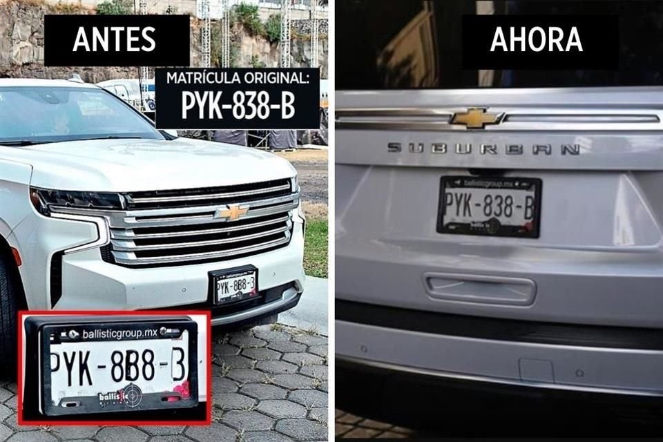 La camioneta en la que viaja Sandra Cuevas ya no luce las modificaciones que ocultaban el número real de la placa.