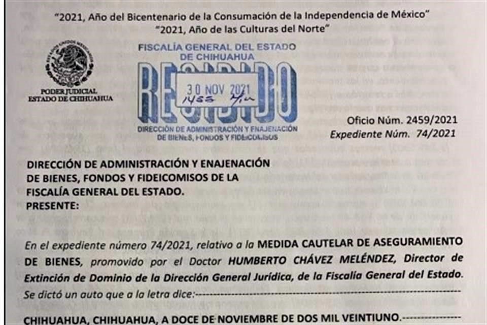 El Juez Octavo Civil por audiencias y especializado en extinción de dominio, Erik Alberto Parada Olivas, envió el oficio número 2459/2021 referente al Expediente 74/2021.