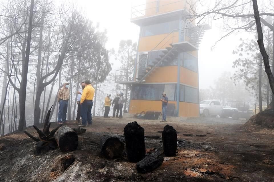 Tras las lluvias, que sofocaron gran parte del incendio, autoridades de la UANL y Protección Civil recorrieron ayer por primera vez instalaciones del Bosque Escuela en Iturbide, como el Observatorio.