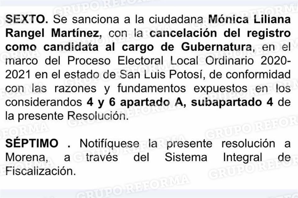 INE plantea quitar el registro a candidata de Morena a Gubernatura de SLP, Mónica Rangel, por no entregar informe de gastos de precampaña.