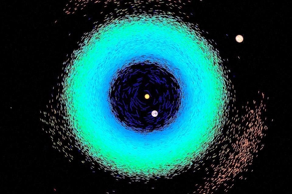 Imagen publicada por ESA de asteroides en movimiento durante 10 das. En azul, los cuerpos ms cercanos a la Tierra.