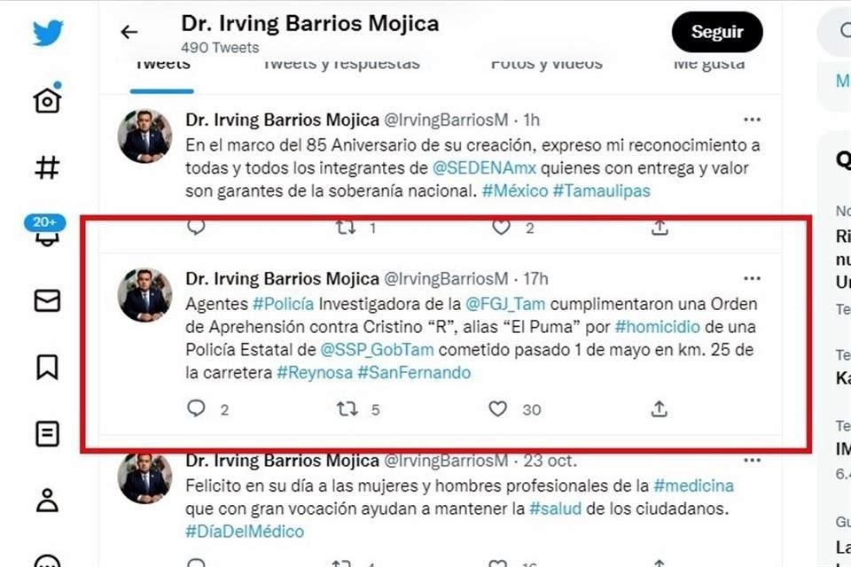 Irving Barrios Mojica, Fiscal de Tamaulipas, confirmó el arresto en su cuenta de Twitter.