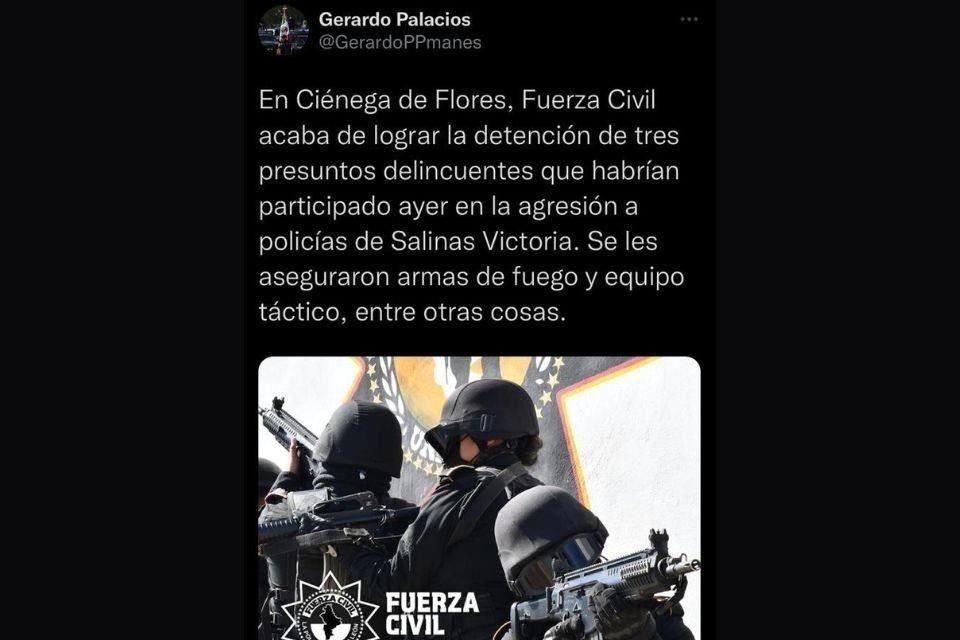 El titular de la Secretaría de Seguridad Pública del Estado, Gerardo Palacios Pámanes, confirmó en un tuit la captura.