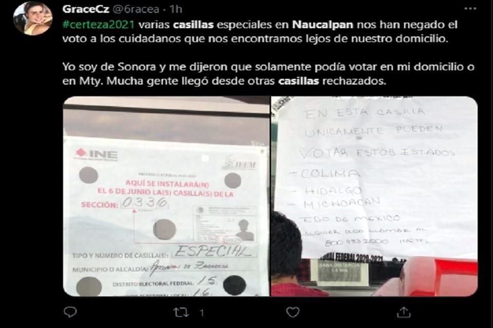 'Varias casillas especiales en Naucalpan nos han negado el voto a los ciudadanos que nos encontramos lejos de nuestro domicilio', tuiteó GraceCz.