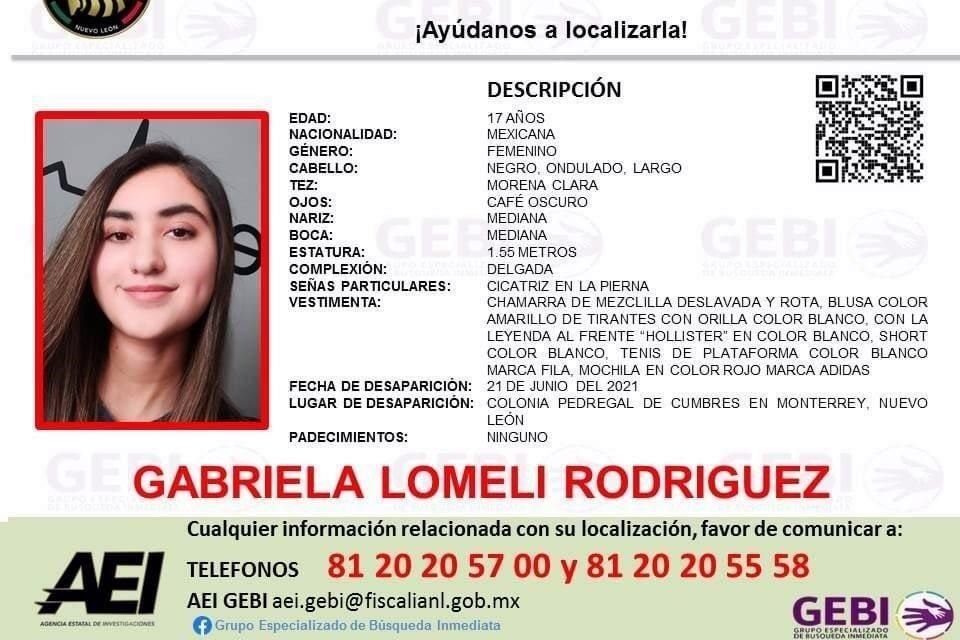 De acuerdo al Grupo Especializado de Búsqueda Inmediata (GEBI) se trata de la joven Gabriela Lomelí Rodríguez, de 17 años.