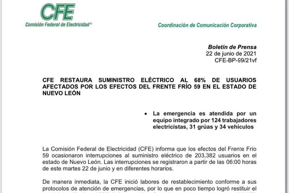 Mediante un comunicado, la CFE informó que las fallas en el suministro de energía se registraron a partir de las 6:00 horas de este martes ante el frente frío número 59.