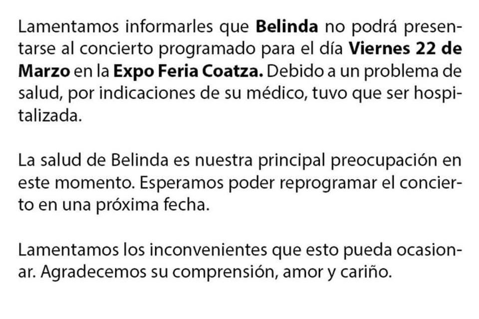 Comunicado oficial de Belinda hospitalizada.