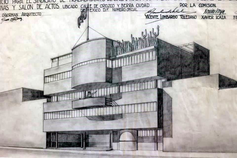 Entre los dibujos de Juan O'Gorman pueden apreciarse los proyectos de edificios para sindicatos.